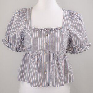 Ganni Yarn-Dyed Candy Striped Puff-Sleeve Blouse, Soft Chambray, US 2 (IT 34)
